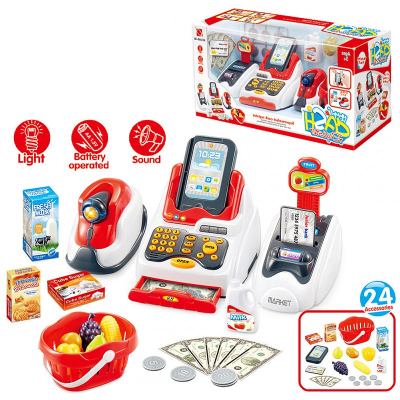 24Pcs/Set LED Music Shop Cash Register Scanner Food Model Pretend Play Kids Toy