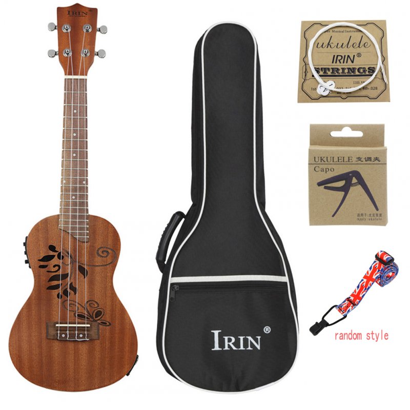 24inch Ukulele Sapele Wood Hollow Carved with LCD EQ Tuning Display Capo Strings Strap Musical Instrument for Ukulele Beginner Wood color