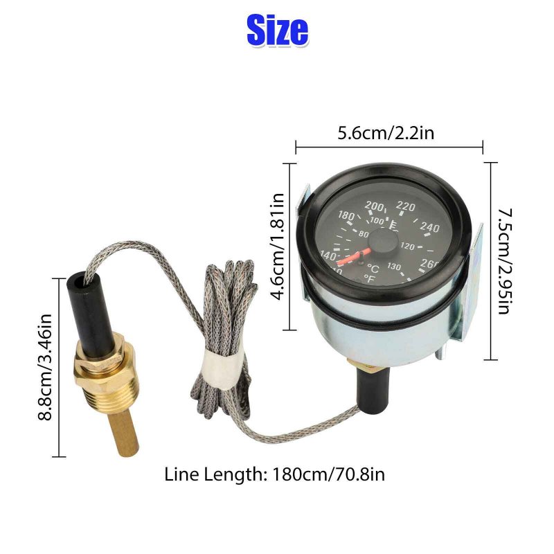 2" 52mm Pointer Mechanical Water Temp Gauge Water Temperature Meter 40-130℃/110-265℉ 12V Temp Gauge Yellow Light Sensor 1/2NPT 