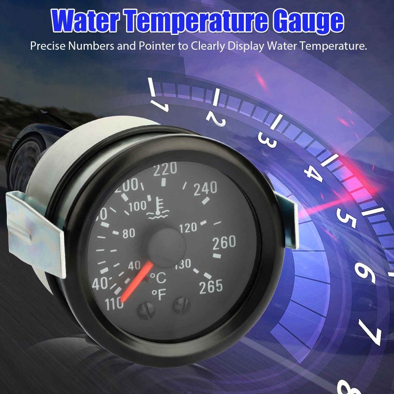 2" 52mm Pointer Mechanical Water Temp Gauge Water Temperature Meter 40-130℃/110-265℉ 12V Temp Gauge Yellow Light Sensor 1/2NPT 