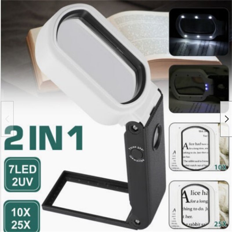 25X 10X Magnifying Glass With 9LED Light UV Lights Foldable Handheld Magnifier With Stand For Seniors Reading Close Work black