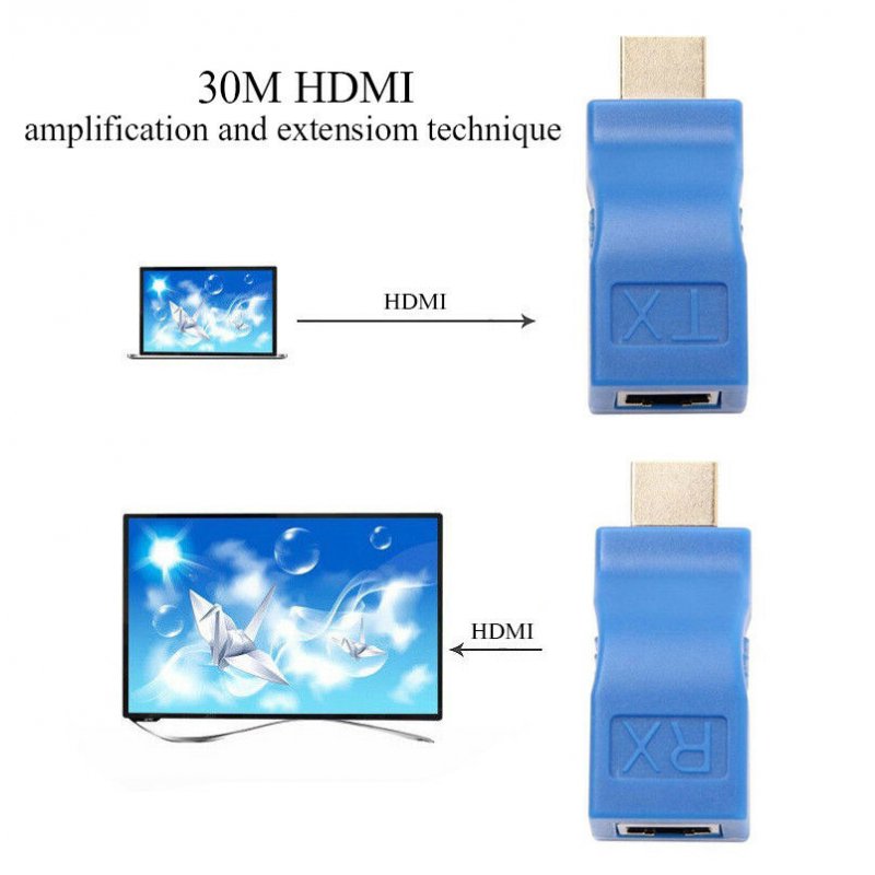 30M HDMI To RJ45 Network Cable Extender Converter Repeater Over CAT-5e CAT6 blue_no
