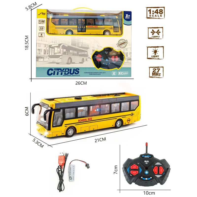 27MHz RC Bus Toy With Lights 4CH Simulation Tourist Sightseeing Bus USB Rechargeable School Bus Model Toys