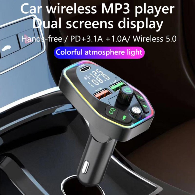 Car Bluetooth Mp3 Wireless Fm Transmitter Dual Screens Display Usb Charging Adapter 
