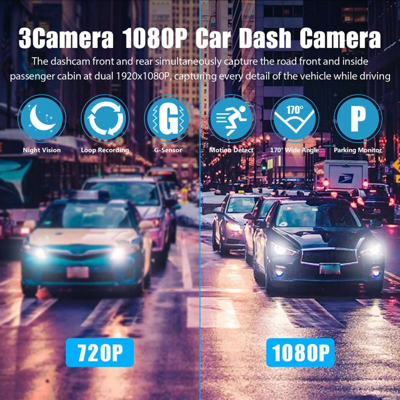 2-inch Screen Car Driving Recorder 3-way HD 1080P 3-lens Parking Monitoring Dvr Video Recorder 