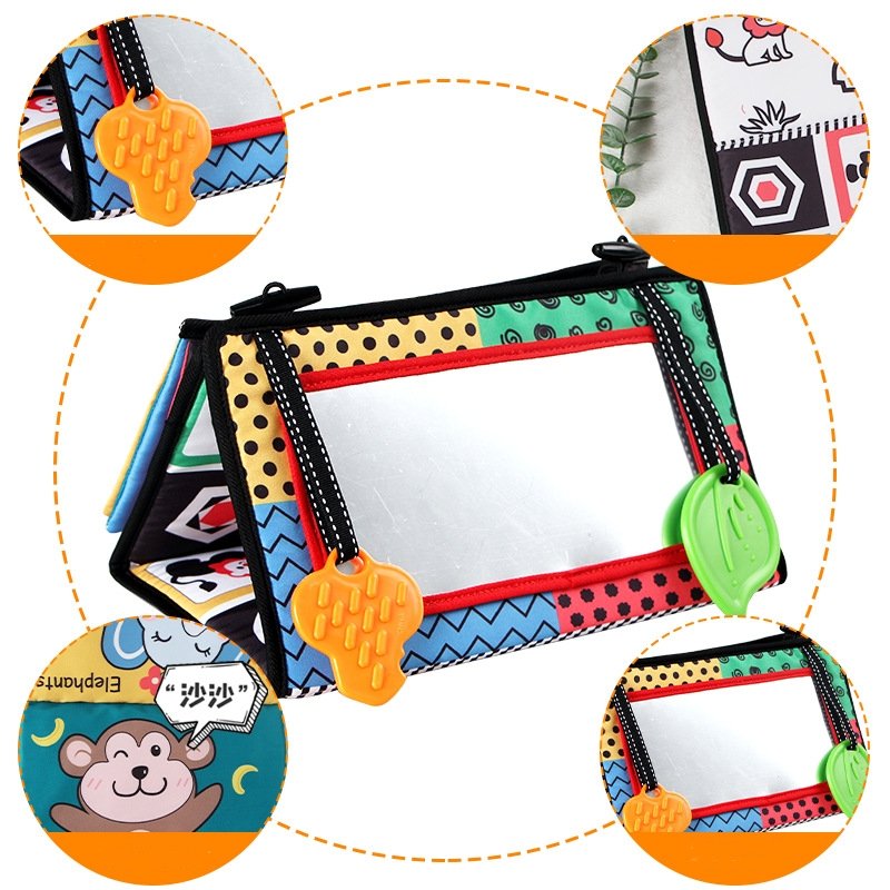 Tummy Time Baby Mirror Toys Foldable Black White High Contrast Cloth Book Hanging Developmental Sensory Toys For Newborn Infant 