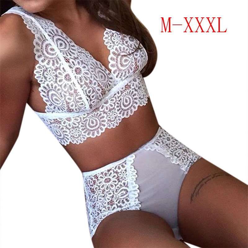 2PCS/Set Sexy Women Underwear Panties Hot Lingerie Lace Bra and Briefs  white_XXL