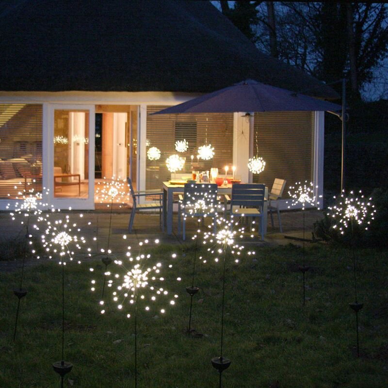 2PCS Solar Powered Lawn Light Waterproof Fireworks Copper Lamp String for Christmas Decor White light_2 mode 150LED-white light