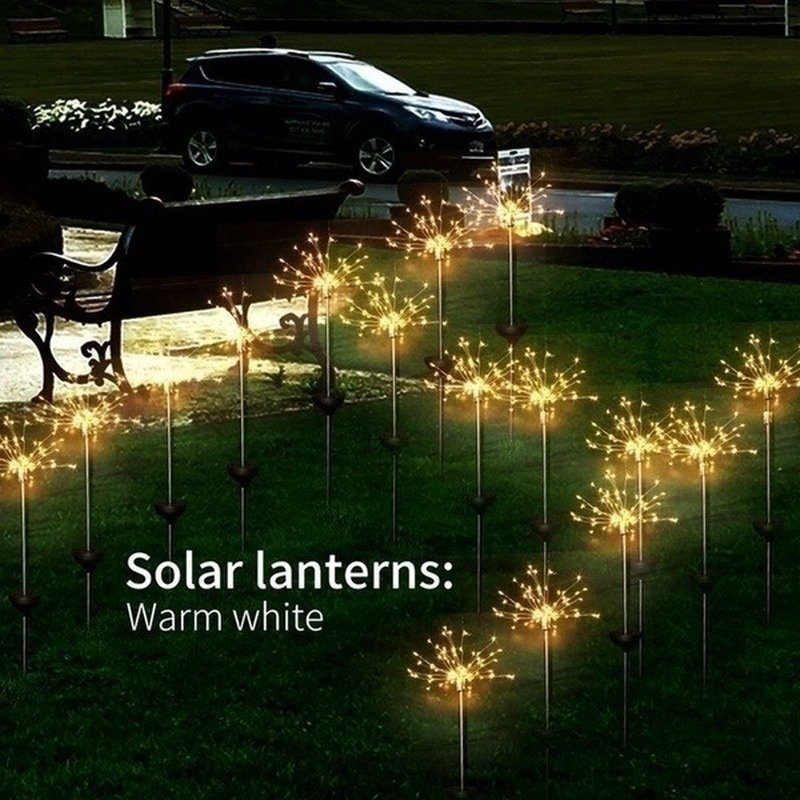 2PCS Solar Powered Lawn Light Waterproof Fireworks Copper Lamp String for Christmas Decor warm light_2 mode 150LED-warm white