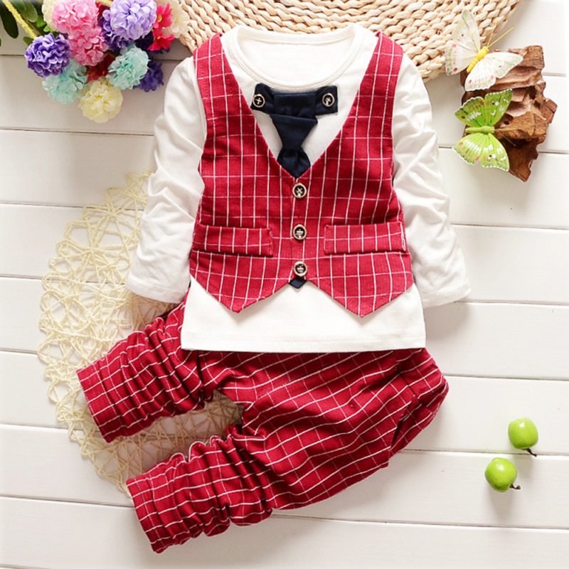 2Pcs Children Baby Gentleman Suit Tie Vest Long Sleeve and Pants Tie vest red_90cm