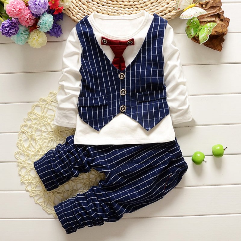 2Pcs Children Baby Gentleman Suit Tie Vest Long Sleeve and Pants Tie vest navy blue_100cm