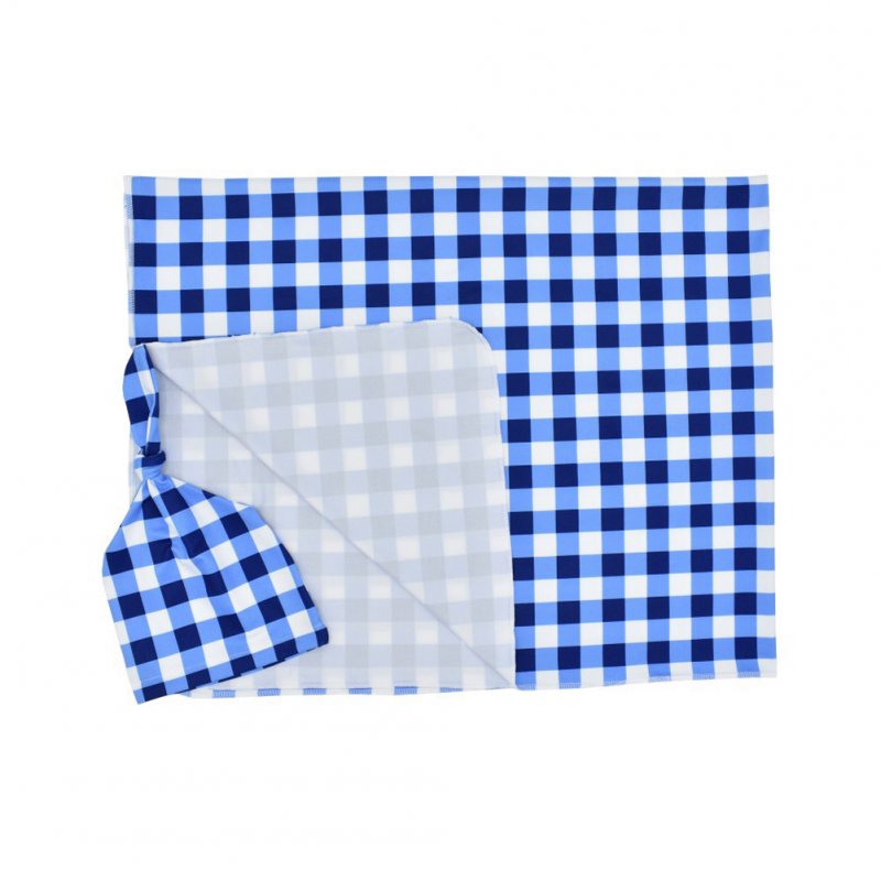 2Pcs/Set Newborn Plaid Printing Swaddle Blanket with Beanie Set Soft Stretchy Towel for Baby Boys Girls Royal blue plaid_80*100cm