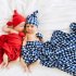 2Pcs Set Newborn Plaid Printing Swaddle Blanket with Beanie Set Soft Stretchy Towel for Baby Boys Girls Royal blue plaid 80 100cm