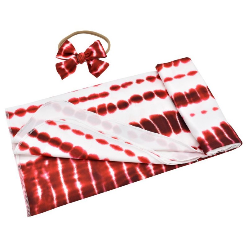 2Pcs/Set Tie Dye Printing Swaddle Towel + Bowknot Hair Band for Infant Baby Wine red Tie Dye_80*100cm