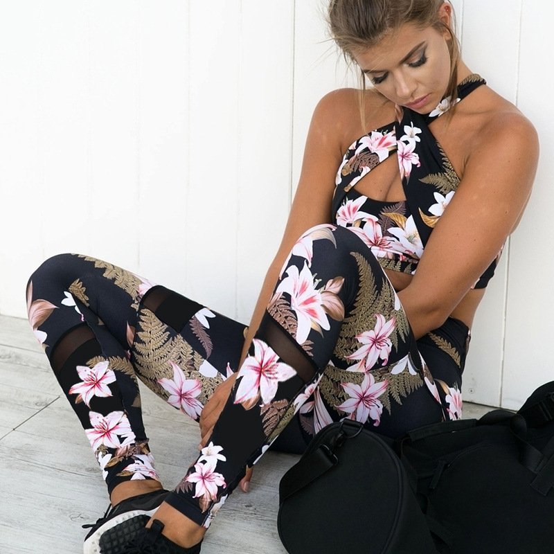 2Pcs/Set Women Yoga Floral Print Bra+Long Pants Sportsuit for Women Fitness Sport Suit 2pcs/set_S