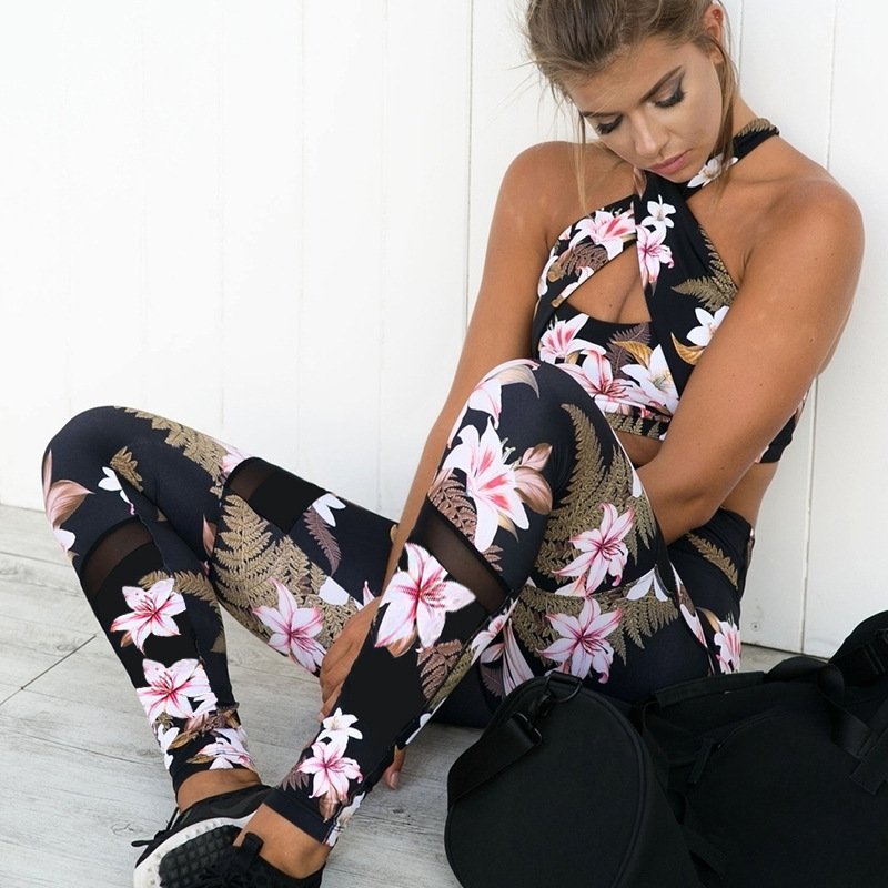 2Pcs/Set Women Yoga Floral Print Bra+Long Pants Sportsuit for Women Fitness Sport Suit 2pcs/set_L