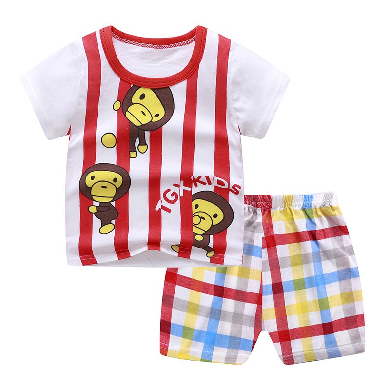 2Pcs/set Baby Suit Cotton T-shirt + Shorts Cartoon Short Sleeve for 6 Months-4 Years Kids Monkeys_90 (60 yards)