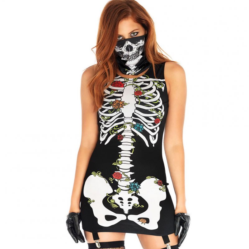 2Pcs/set Halloween Sexy Bodycon Dress + Mask Skeleton Sleeveless Cosplay Party Costume black_S