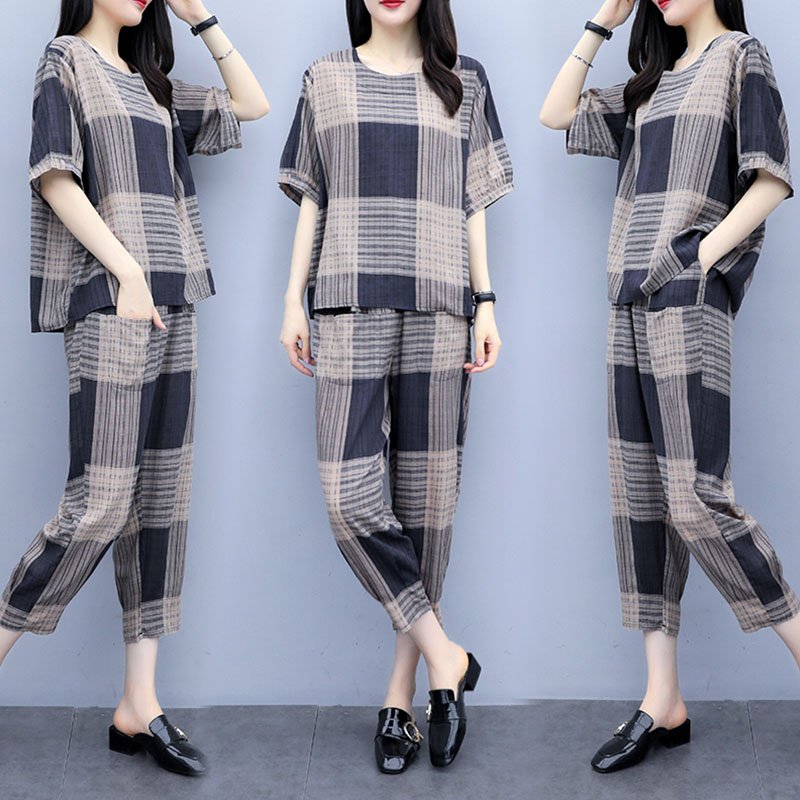 2Pcs/set Lady Short Sleeve T-shirt + Ninth Straight Bottom Pants Summer Plaid Casual Suit light grey_L