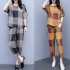 2Pcs set Lady Short Sleeve T shirt   Ninth Straight Bottom Pants Summer Plaid Casual Suit light grey L