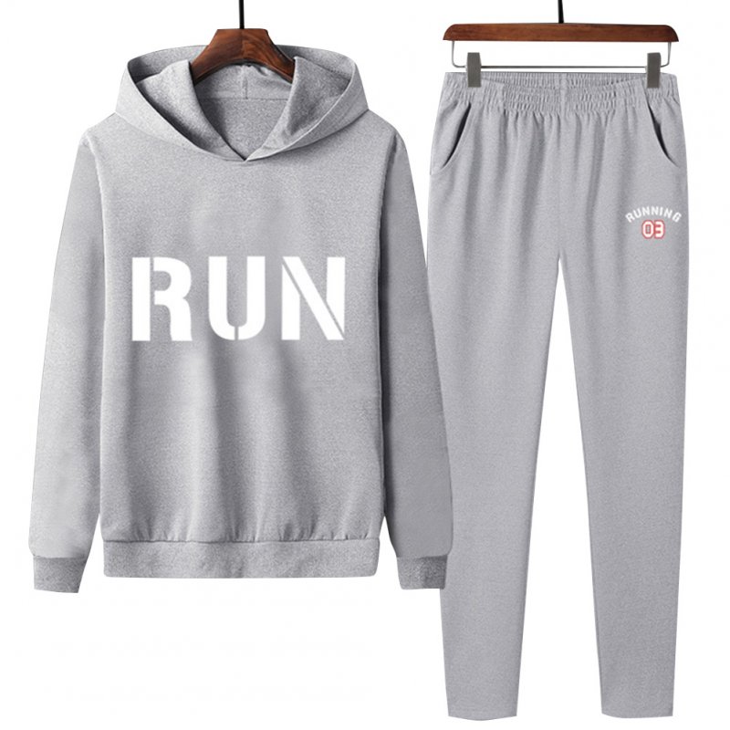 2Pcs/set Men Hoodie Sweatshirt Sports Pants Printing RUN Casual Sportswear Student Tracksuit Gray_XL