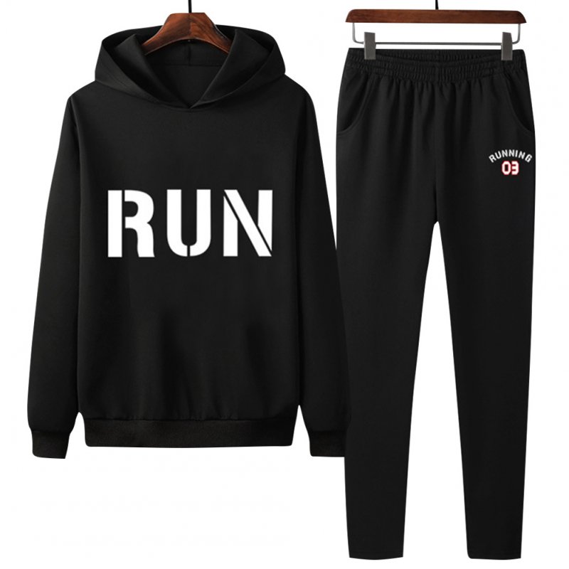 2Pcs/set Men Hoodie Sweatshirt Sports Pants Printing RUN Casual Sportswear Student Tracksuit Black_M