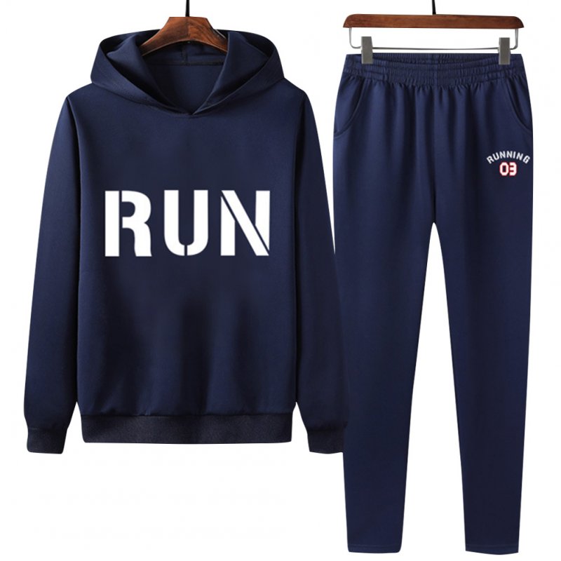 2Pcs/set Men Hoodie Sweatshirt Sports Pants Printing RUN Casual Sportswear Student Tracksuit Navy blue_L