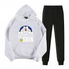 2Pcs/set Men Women Casual Suit Hoodie Sweatshirt + Pants Doraemon Cartoon Thicken Tracksuit White_S