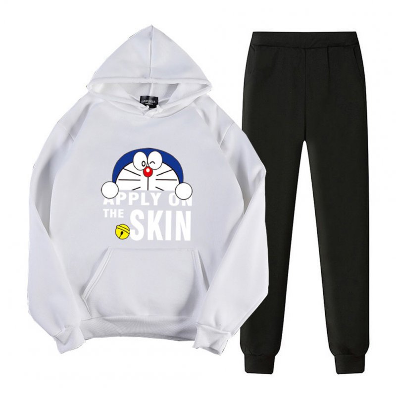 2Pcs/set Men Women Casual Suit Hoodie Sweatshirt + Pants Doraemon Cartoon Thicken Tracksuit White_XXXL