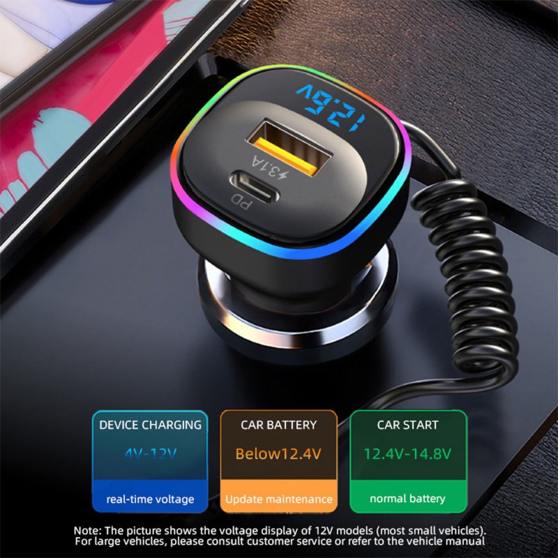 K2 Multi-functional Car Charger Display 12-24v Pd65w Qc3.0 Quick Charge 3-in-1 Spring Fast Charging Cable 
