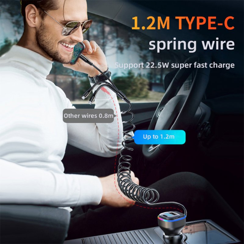 K2 Multi-functional Car Charger Display 12-24v Pd65w Qc3.0 Quick Charge 3-in-1 Spring Fast Charging Cable 