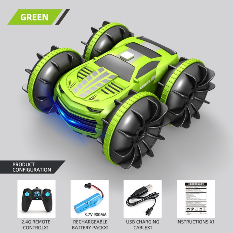 2in1 Rc Car 2.4ghz Remote Control Boat Waterproof Radio Controlled Stunt Car 4wd Vehicle All Terrain Beach Pool Toys For Boys Green single remote control
