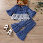 2pcs Baby Girls Outfits Set Flared Long Sleeves Lace T-shirt Solid Color Bell-bottom Pants For 3-8 Years Old Kids blue 4-5Y 110cm