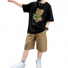 2pcs Boys Clothes Suit Cotton Round Neck Short Sleeve T-shirt Shorts Sportswear Set bear suit black 5-6Y 120cm