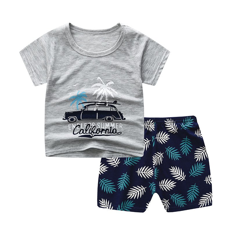 2pcs Boys Girls Cotton Pajamas Suit Summer Cute Printing Short Sleeves Shirt Shorts Two-piece Set Coconut Car 110cm