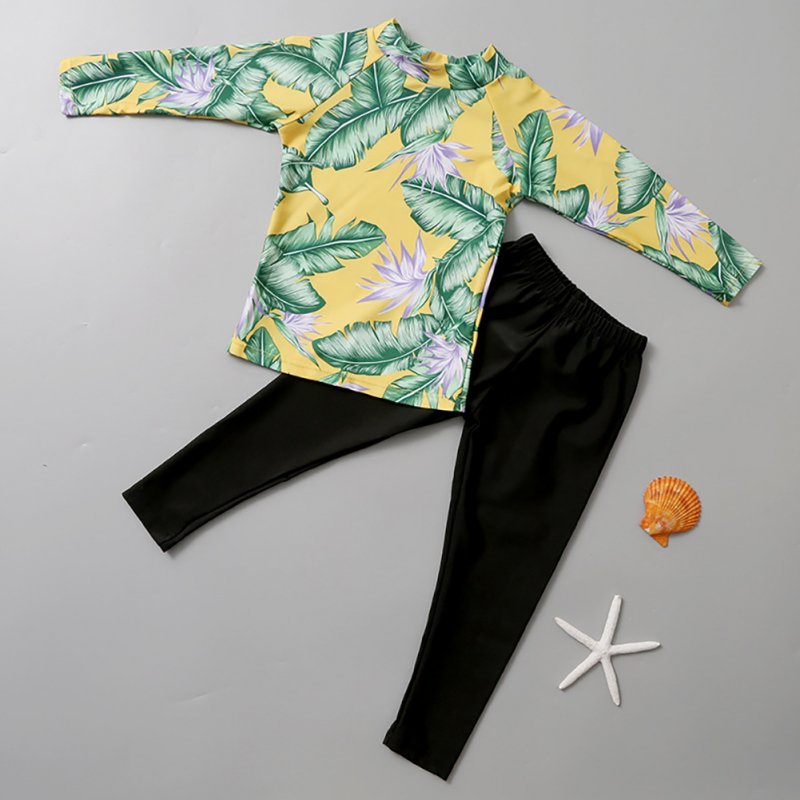 2pcs Boys Split Swimsuit Summer Printing Sunscreen Quick-drying Long Sleeves Swimwear Long Swimming Pants yellow 7-9years 3XL