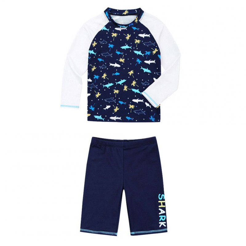 2pcs Boys Split Swimwear Sunscreen Long Sleeves Swimsuit Boxers Set For 2-10 Years Old Kids 329 blue and white 9-10Y 14