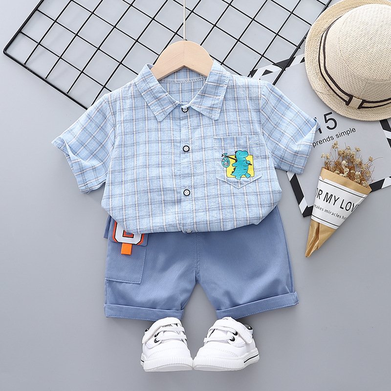 2pcs Boys Summer Suit Lapel Short Sleeves Plaid T-shirt Casual Shorts Two-piece Set For 1-3 Years Old Kids light blue HEIGHT:90cm 90cm