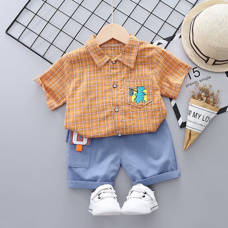 2pcs Boys Summer Suit Lapel Short Sleeves Plaid T-shirt Casual Shorts Two-piece Set For 1-3 Years Old Kids orange HEIGHT:120cm 120cm
