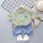 2pcs Boys Summer Suit Lapel Short Sleeves Plaid T-shirt Casual Shorts Two-piece Set For 1-3 Years Old Kids light green HEIGHT:120cm 120cm