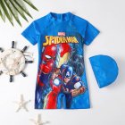 2pcs Boys Sunscreen Swimming Suit Cartoon Printing Short Sleeves Swimsuit With Cap For Hot Spring Swimming blue L