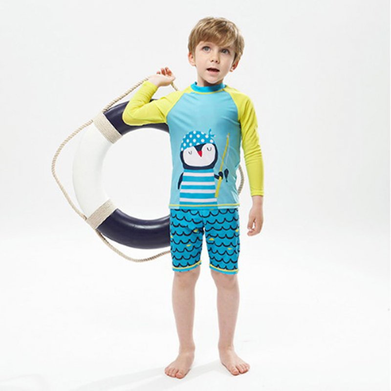 2pcs Boys Swimsuit Set Cute Cartoon Printing Long Sleeved Sunscreen Quick-drying Swimwear For Children blue penguin 5-6years L