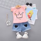 2pcs Cartoon Printing Tank Top Set For Girls Summer Cotton Vest Shorts Two-piece Set crown pink 2-3Y 100cm