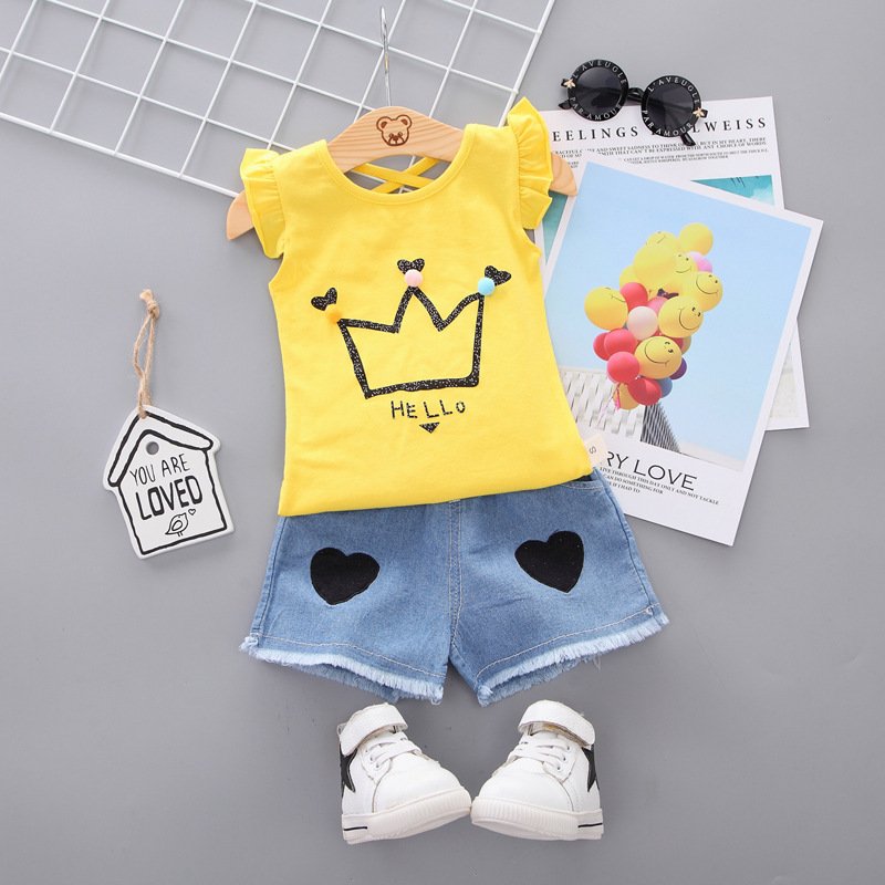 2pcs Cartoon Printing Tank Top Set For Girls Summer Cotton Vest Shorts Two-piece Set crown yellow 0-1Y 80cm