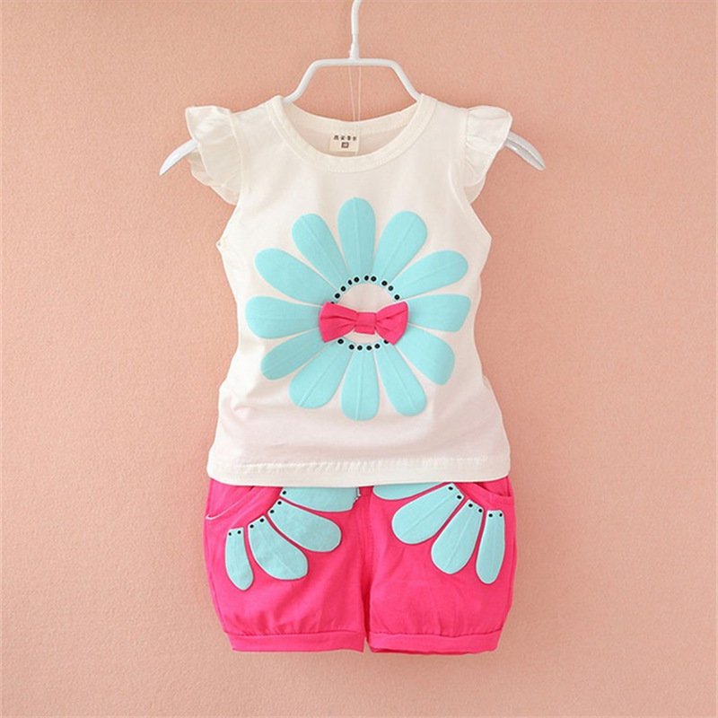 2pcs Cartoon Printing Tank Top Set For Girls Summer Cotton Vest Shorts Two-piece Set sun flower rose red 1-2Y 90cm