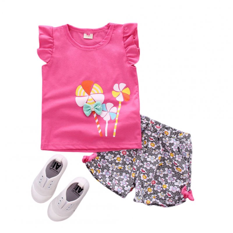 2pcs Cartoon Printing Tank Top Set For Girls Summer Cotton Vest Shorts Two-piece Set windmill rose red 1-2Y 90cm
