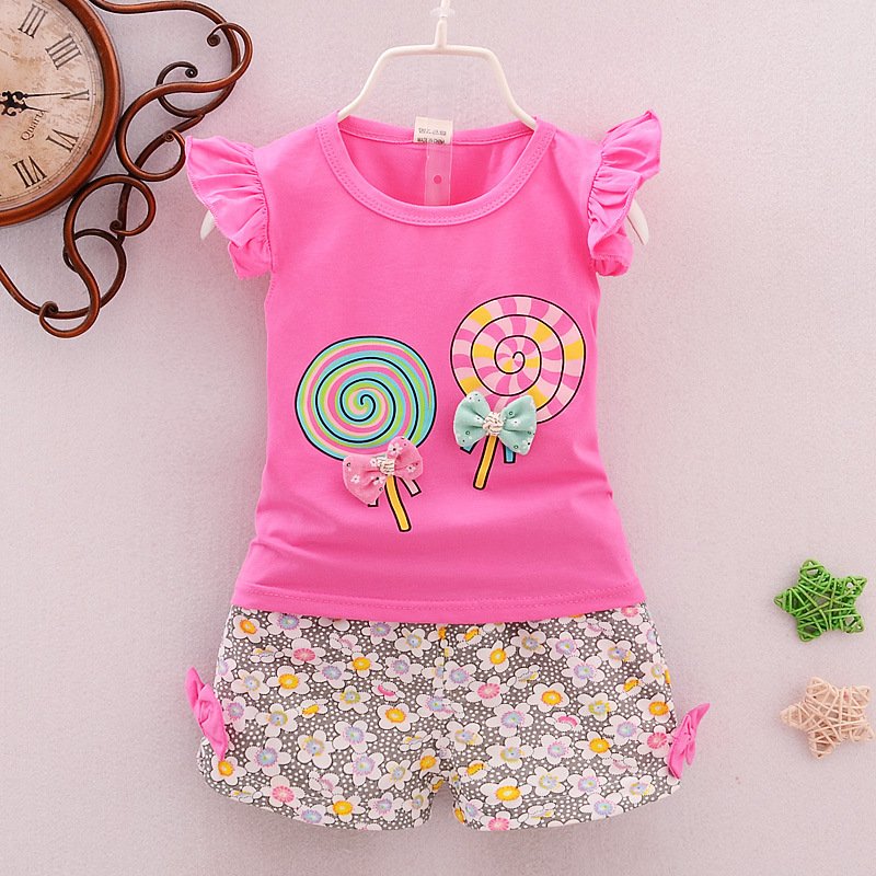 2pcs Cartoon Printing Tank Top Set For Girls Summer Cotton Vest Shorts Two-piece Set Lollipop rose red 2-3Y 100cm