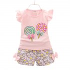 2pcs Cartoon Printing Tank Top Set For Girls Summer Cotton Vest Shorts Two-piece Set lollipop pink 1-2Y 90cm