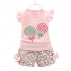 2pcs Cartoon Printing Tank Top Set For Girls Summer Cotton Vest Shorts Two-piece Set lollipop pink 2-3Y 100cm