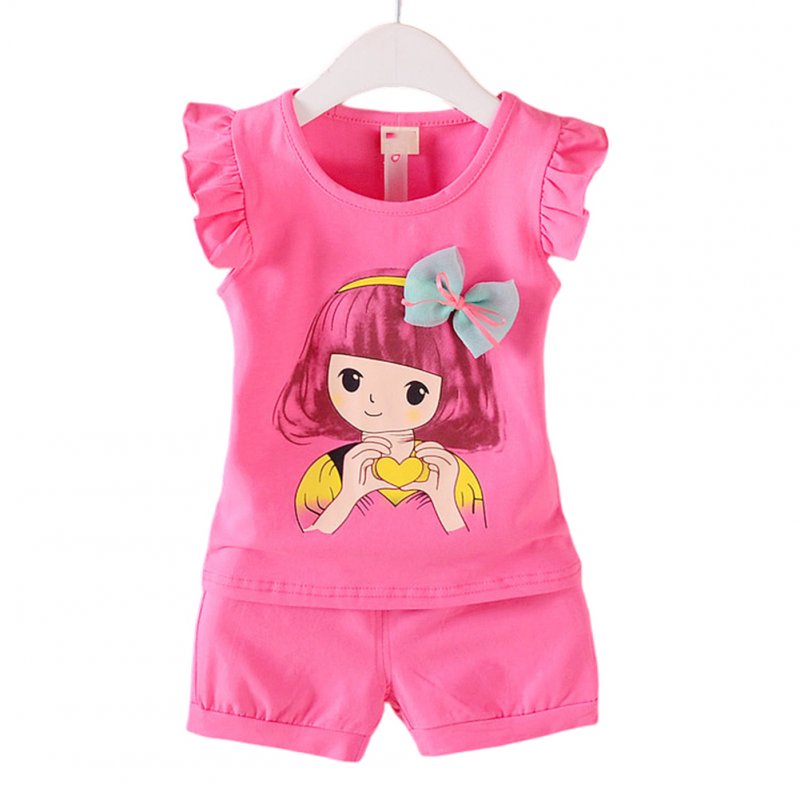 2pcs Cartoon Printing Tank Top Set For Girls Summer Cotton Vest Shorts Two-piece Set doll rose red 0-1Y 80cm